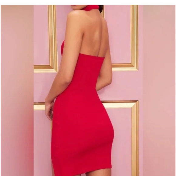 RED Ribbed High Neck Split Detail Bodycon Dress - Picture 2 of 10